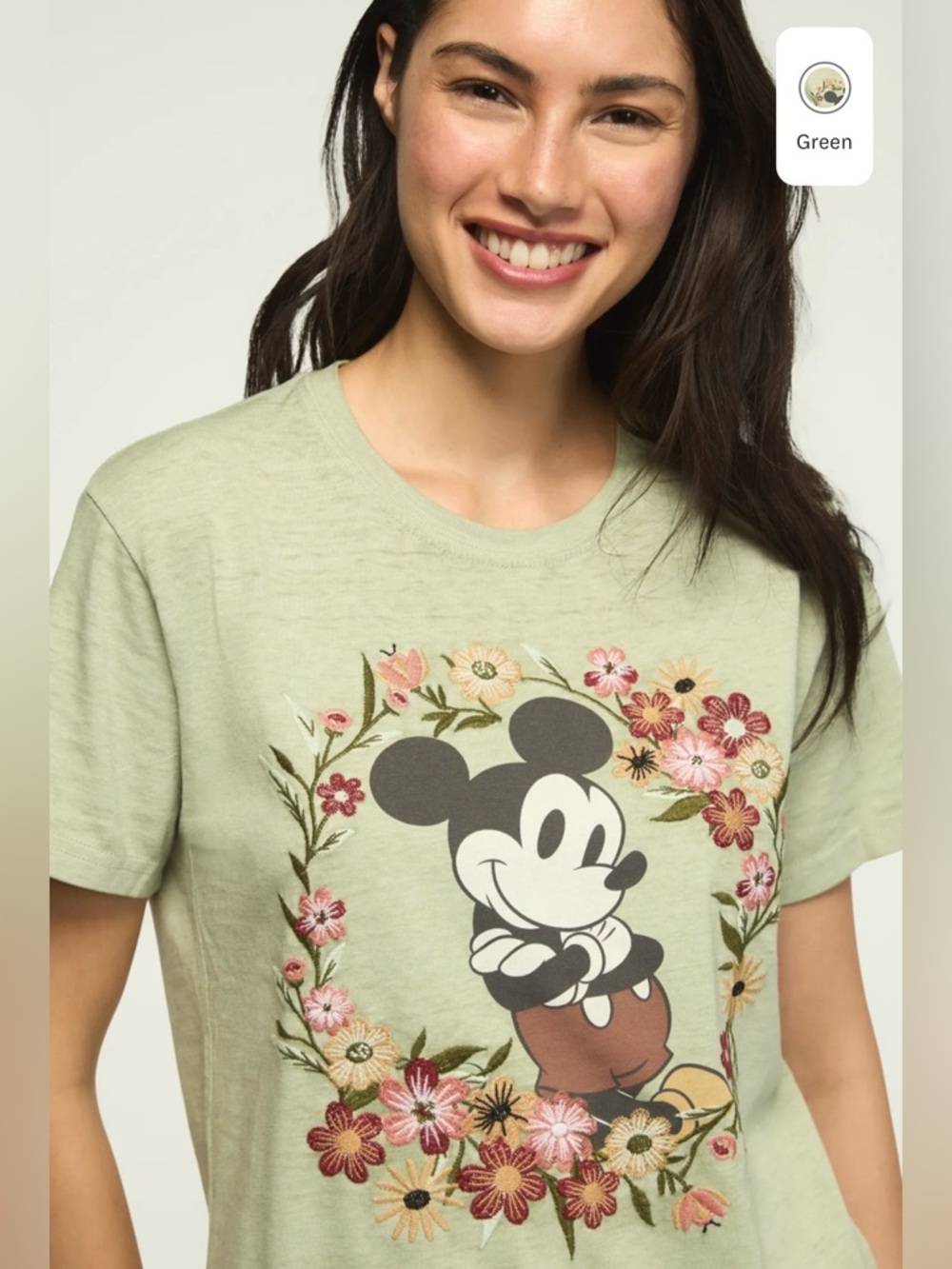 Disney Mickey Mouse Logo Flower Embroidered Tee Sage Green Size S NWT - Picture 4 of 12